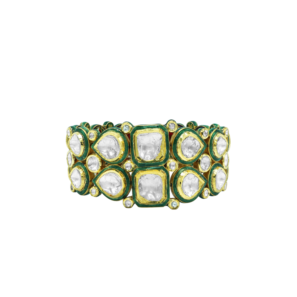 Polki Diamond Bracelet with Green Enamel Teardrop Motifs